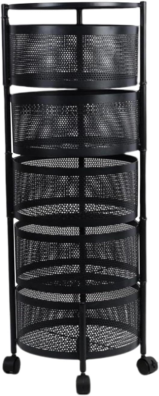 Perfk rolling trolley storage rack with rotating mesh basket, suitable for kitchens. - Image 6