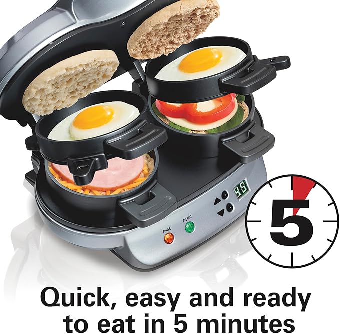 Hamilton Beach Double-Head Breakfast Sandwich Maker with Timer, Ready in 5 Minutes, Dishwasher-Safe, PFAS-Free Non-Stick Egg Ring - Image 3