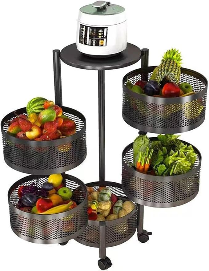 Perfk rolling trolley storage rack with rotating mesh basket, suitable for kitchens. - Image 3